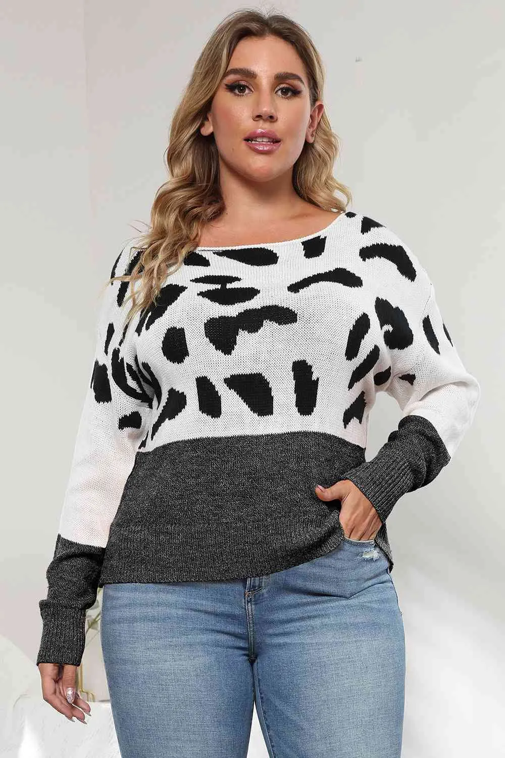 Plus Size Leopard Round Neck Long Sleeve Sweater (3 Colors)