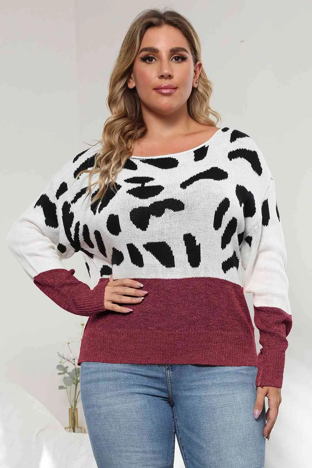 Plus Size Leopard Round Neck Long Sleeve Sweater (3 Colors)