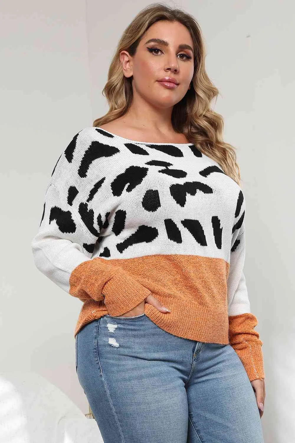 Plus Size Leopard Round Neck Long Sleeve Sweater (3 Colors)