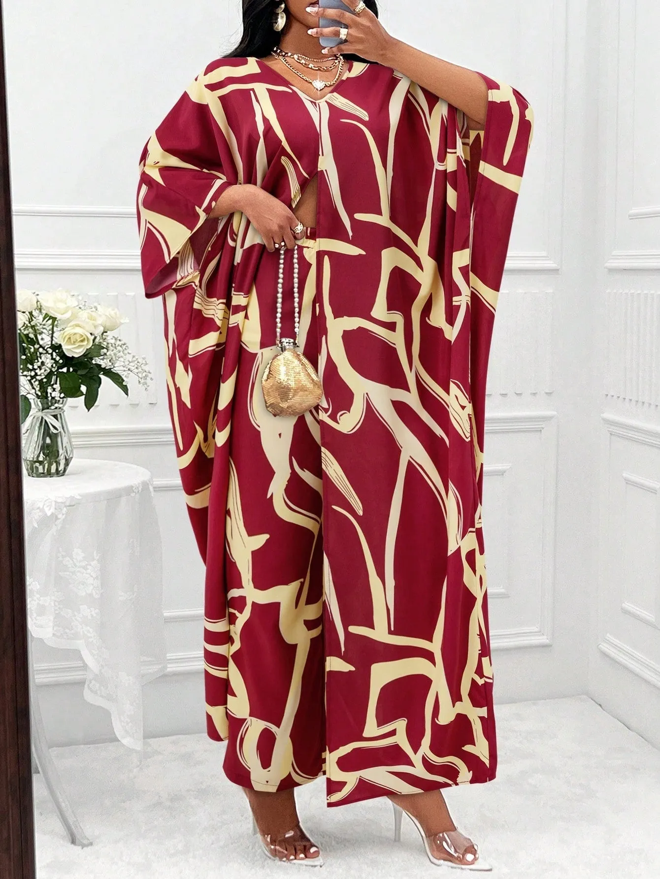 Printed Batwing Sleeve Split Hem Top And Wide Leg Pants Set
