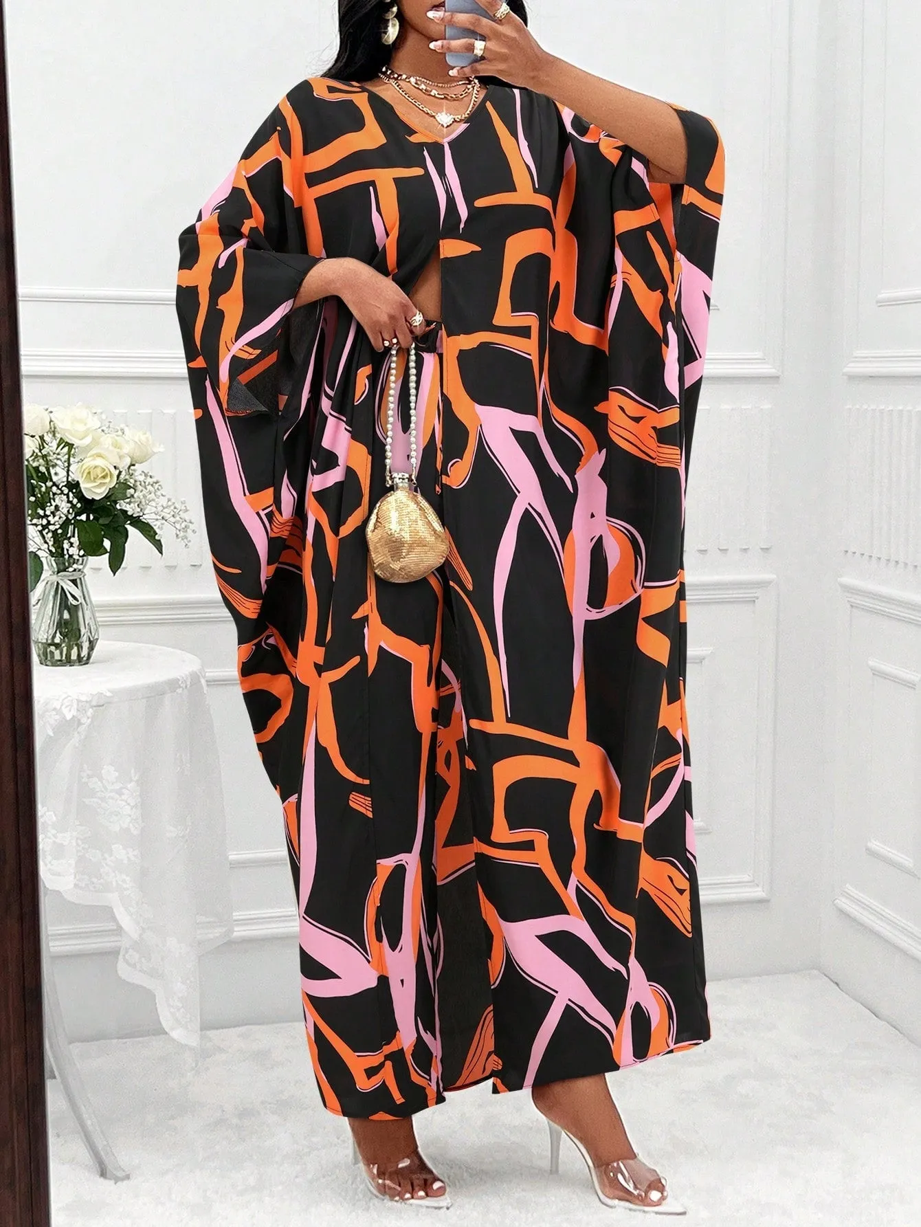 Printed Batwing Sleeve Split Hem Top And Wide Leg Pants Set