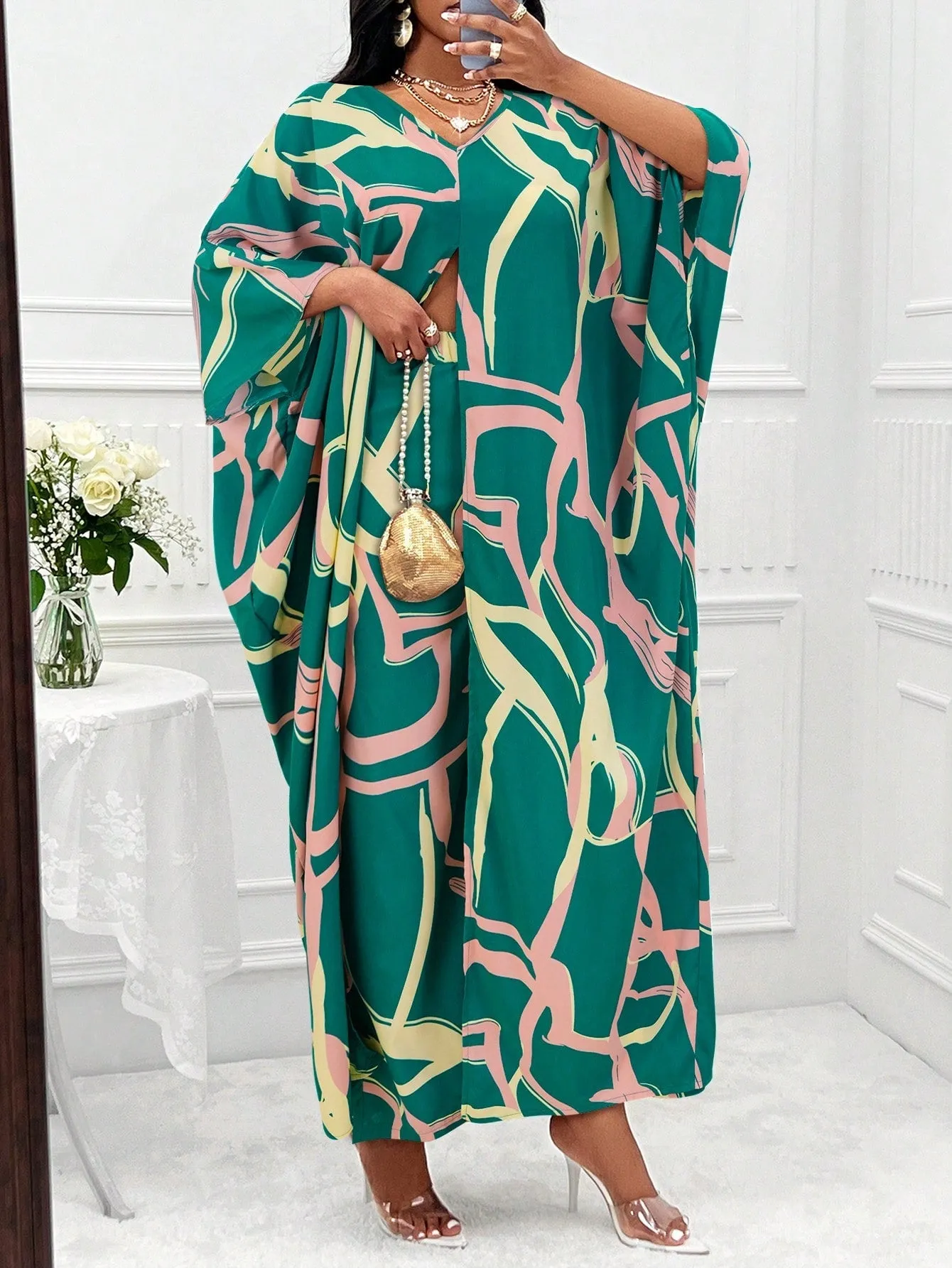 Printed Batwing Sleeve Split Hem Top And Wide Leg Pants Set