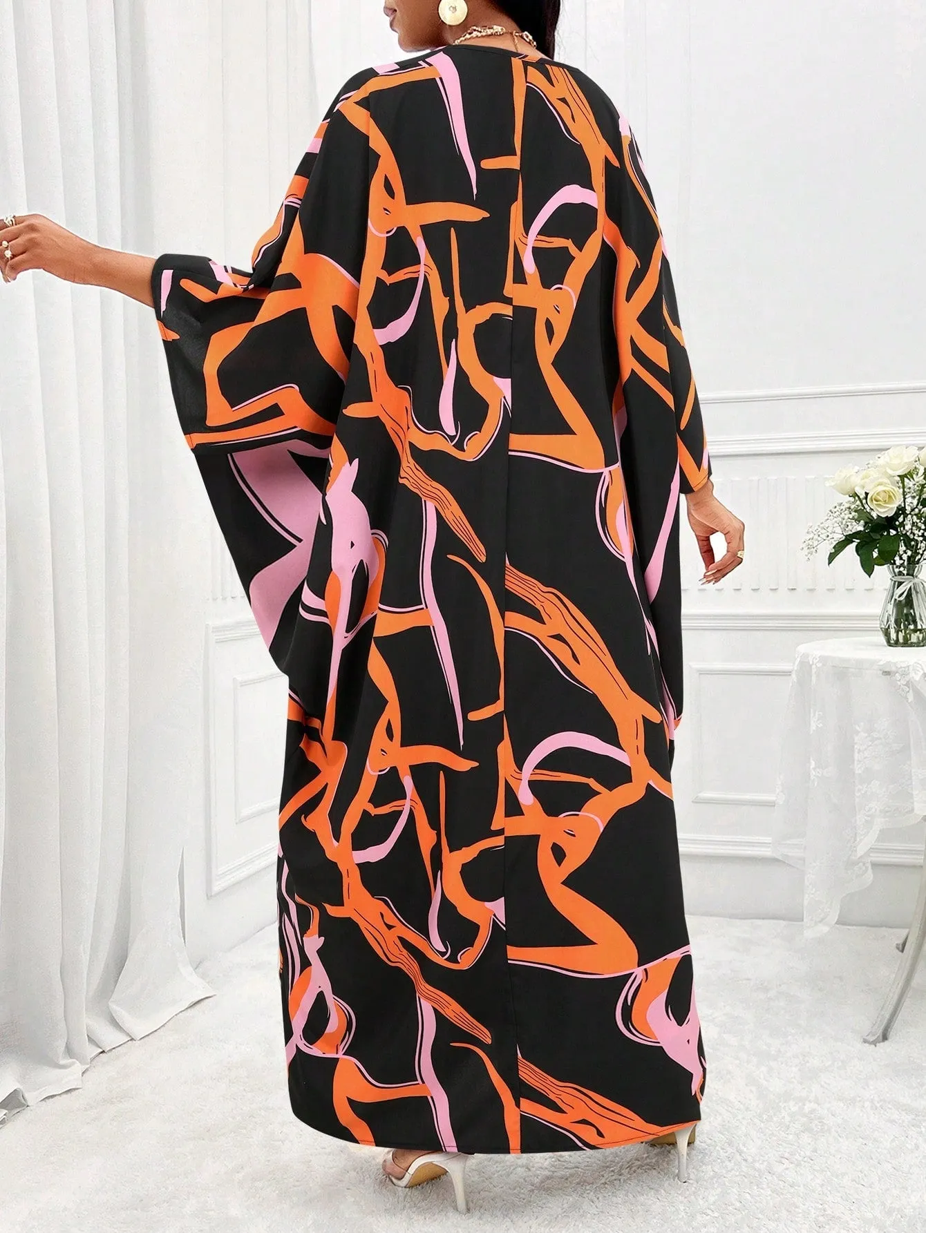 Printed Batwing Sleeve Split Hem Top And Wide Leg Pants Set