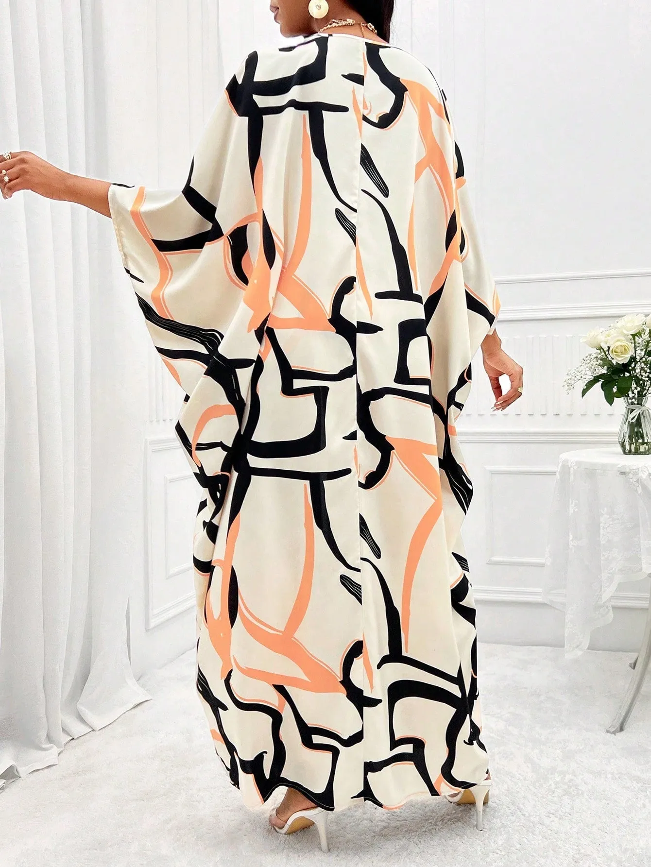 Printed Batwing Sleeve Split Hem Top And Wide Leg Pants Set