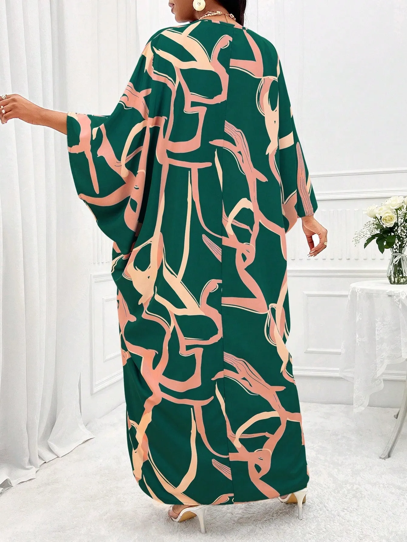 Printed Batwing Sleeve Split Hem Top And Wide Leg Pants Set