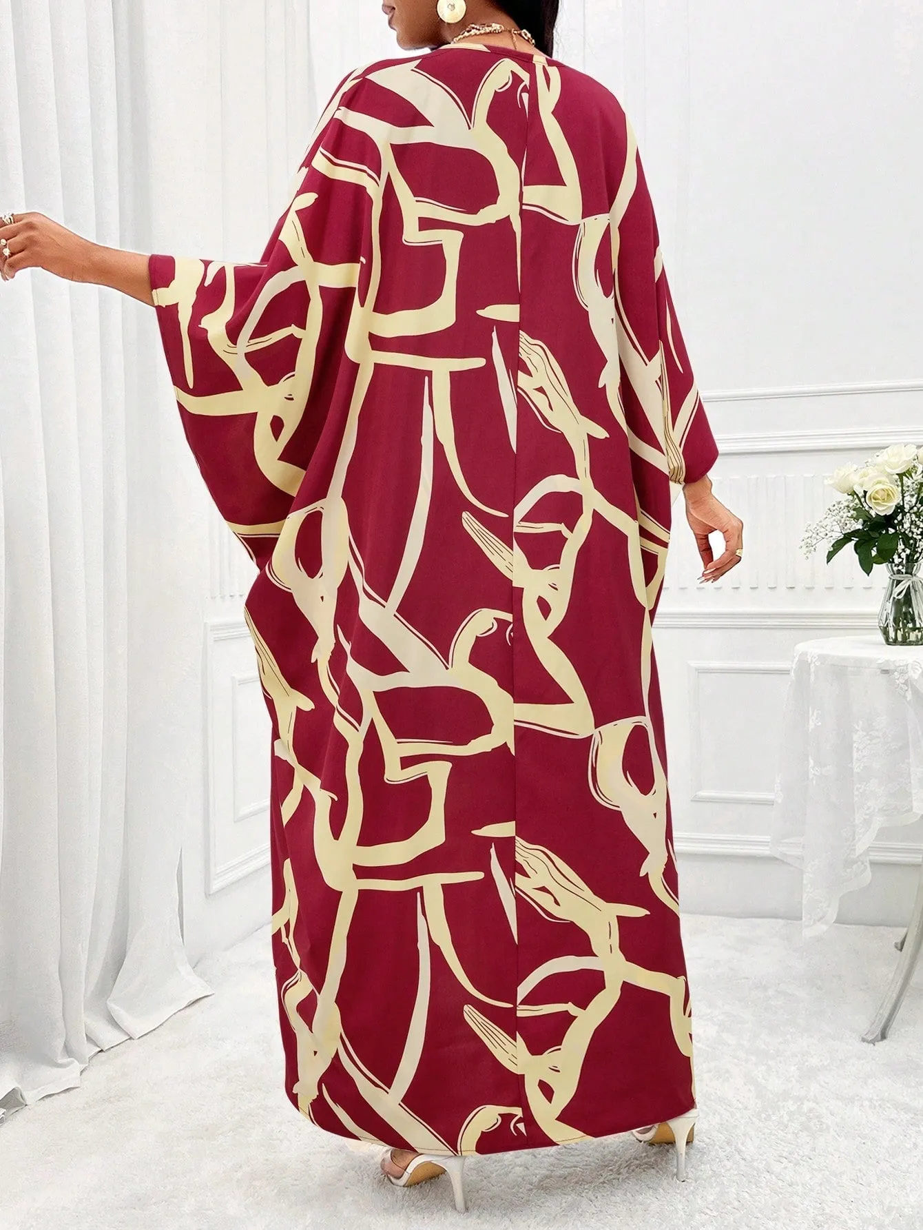 Printed Batwing Sleeve Split Hem Top And Wide Leg Pants Set