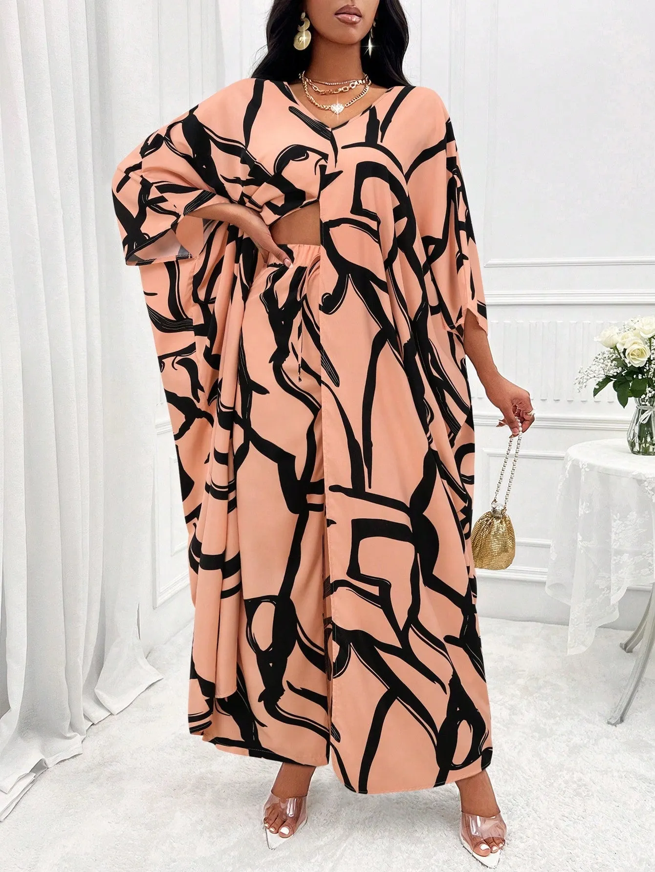 Printed Batwing Sleeve Split Hem Top And Wide Leg Pants Set