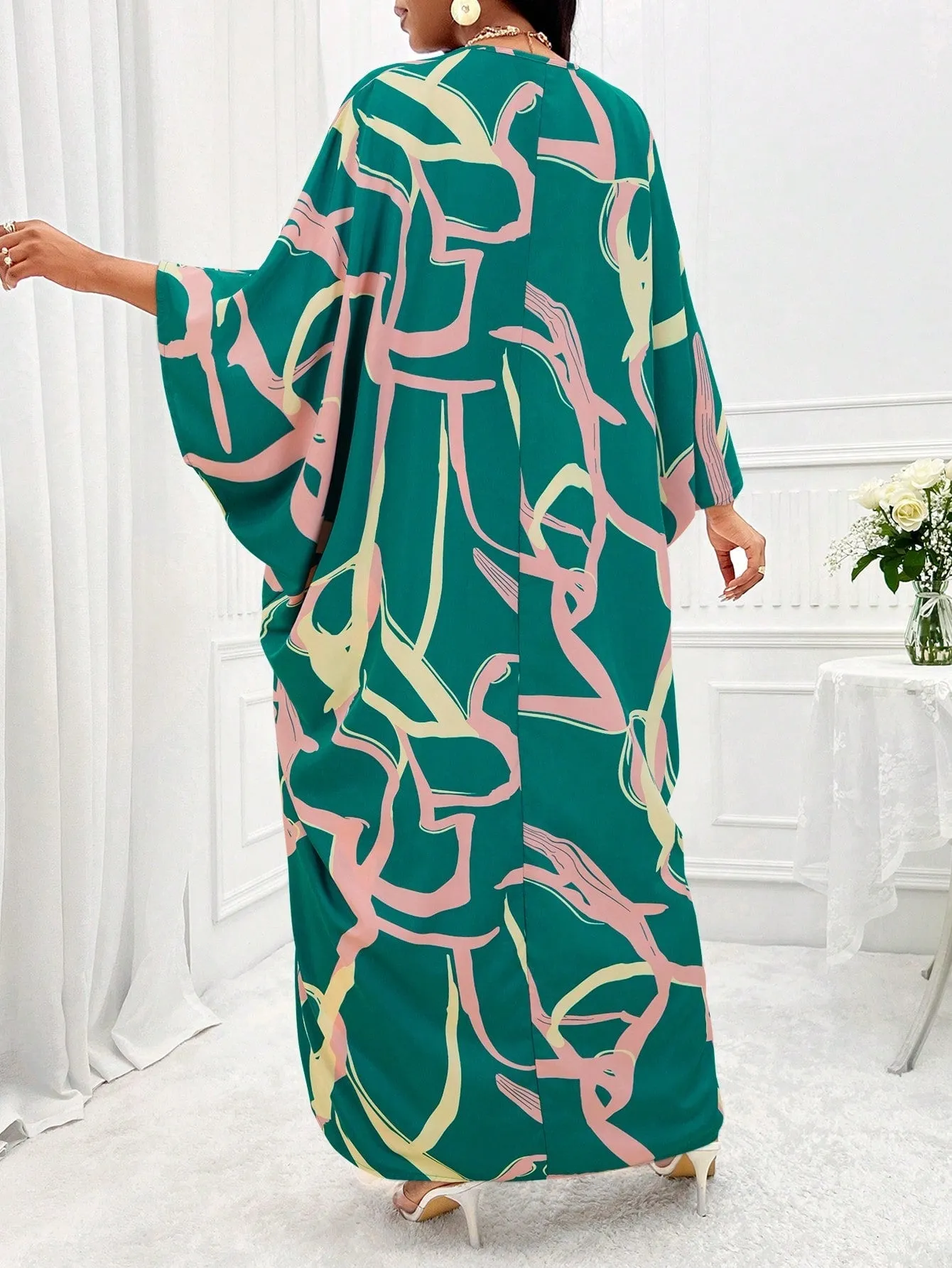 Printed Batwing Sleeve Split Hem Top And Wide Leg Pants Set