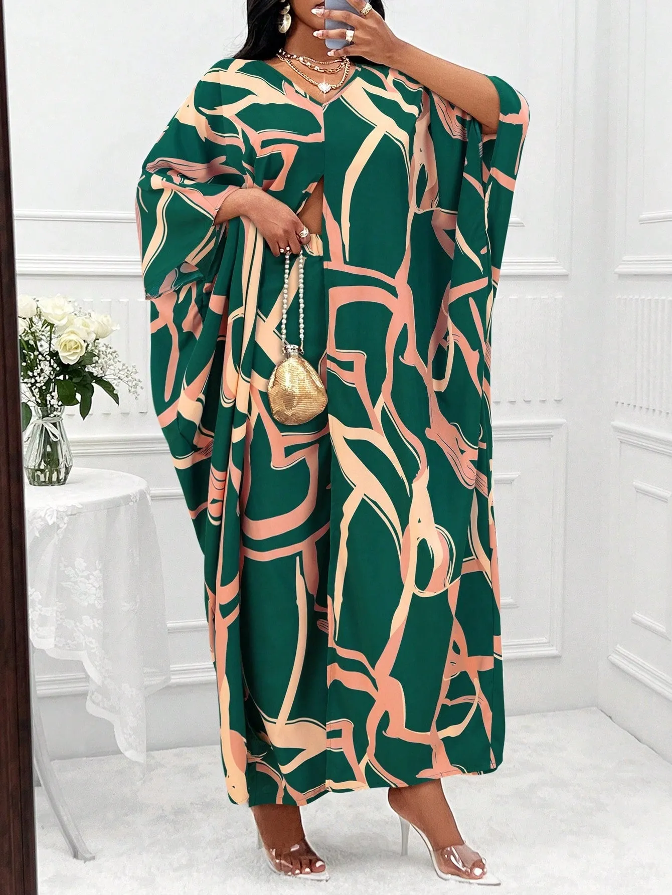 Printed Batwing Sleeve Split Hem Top And Wide Leg Pants Set