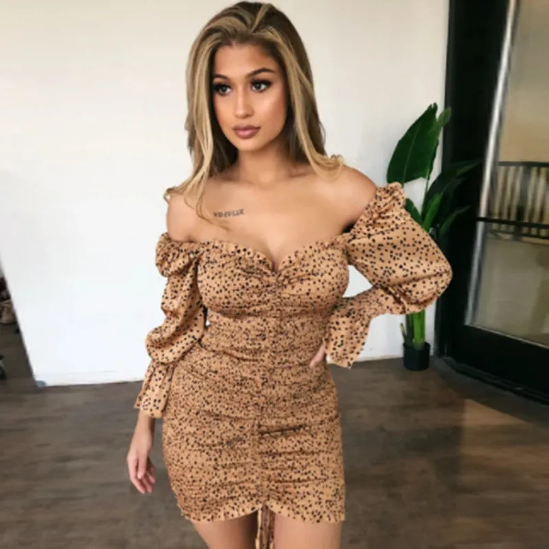 Puff Sleeve Ruffled Irregular Hem Drawstring Bodycon Mini Dresses