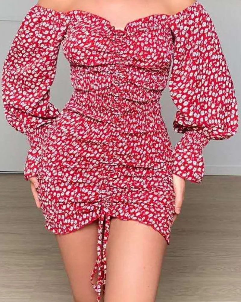 Puff Sleeve Ruffled Irregular Hem Drawstring Bodycon Mini Dresses