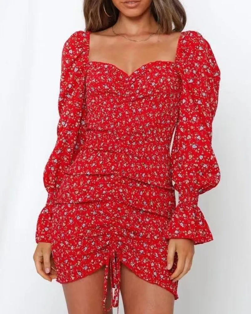 Puff Sleeve Ruffled Irregular Hem Drawstring Bodycon Mini Dresses