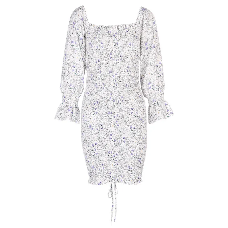 Puff Sleeve Ruffled Irregular Hem Drawstring Bodycon Mini Dresses