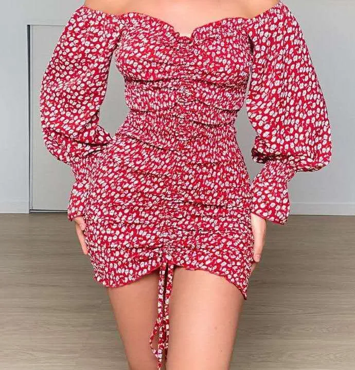 Puff Sleeve Ruffled Irregular Hem Drawstring Bodycon Mini Dresses