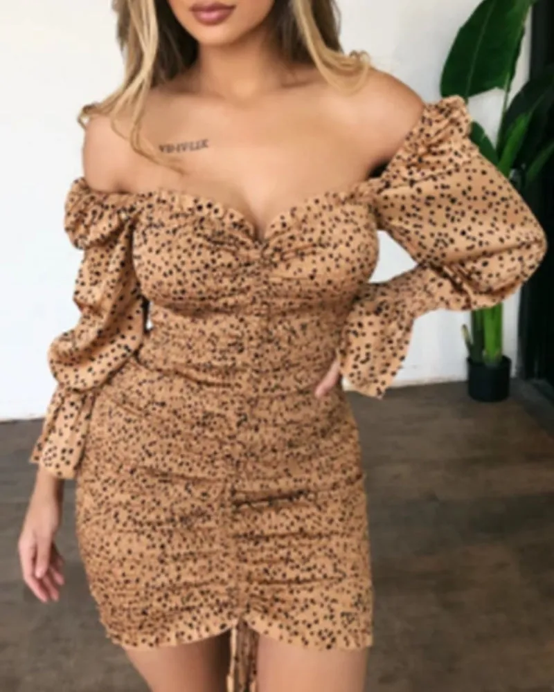 Puff Sleeve Ruffled Irregular Hem Drawstring Bodycon Mini Dresses