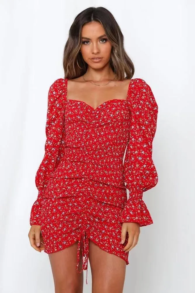 Puff Sleeve Ruffled Irregular Hem Drawstring Bodycon Mini Dresses