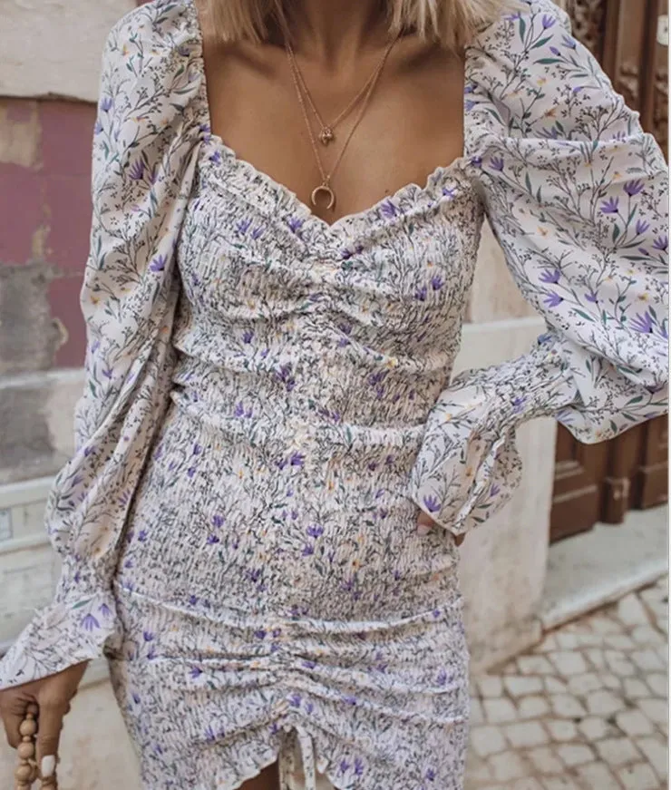Puff Sleeve Ruffled Irregular Hem Drawstring Bodycon Mini Dresses