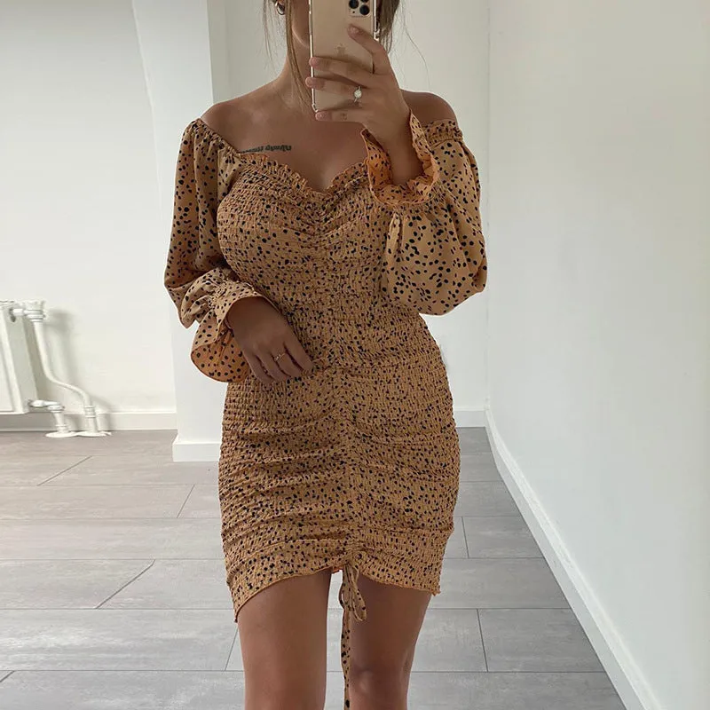 Puff Sleeve Ruffled Irregular Hem Drawstring Bodycon Mini Dresses