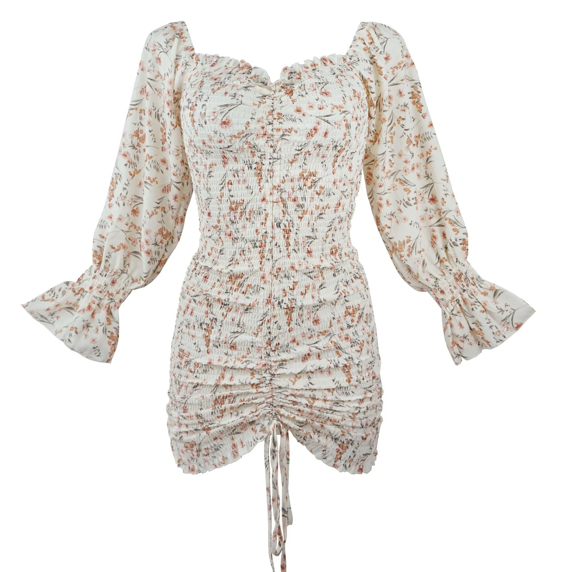 Puff Sleeve Ruffled Irregular Hem Drawstring Bodycon Mini Dresses