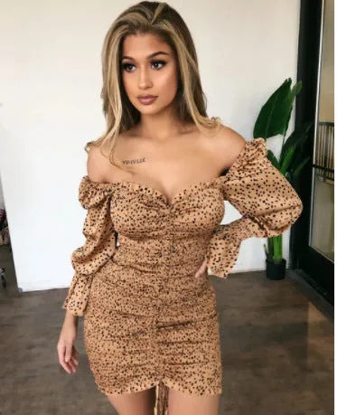 Puff Sleeve Ruffled Irregular Hem Drawstring Bodycon Mini Dresses