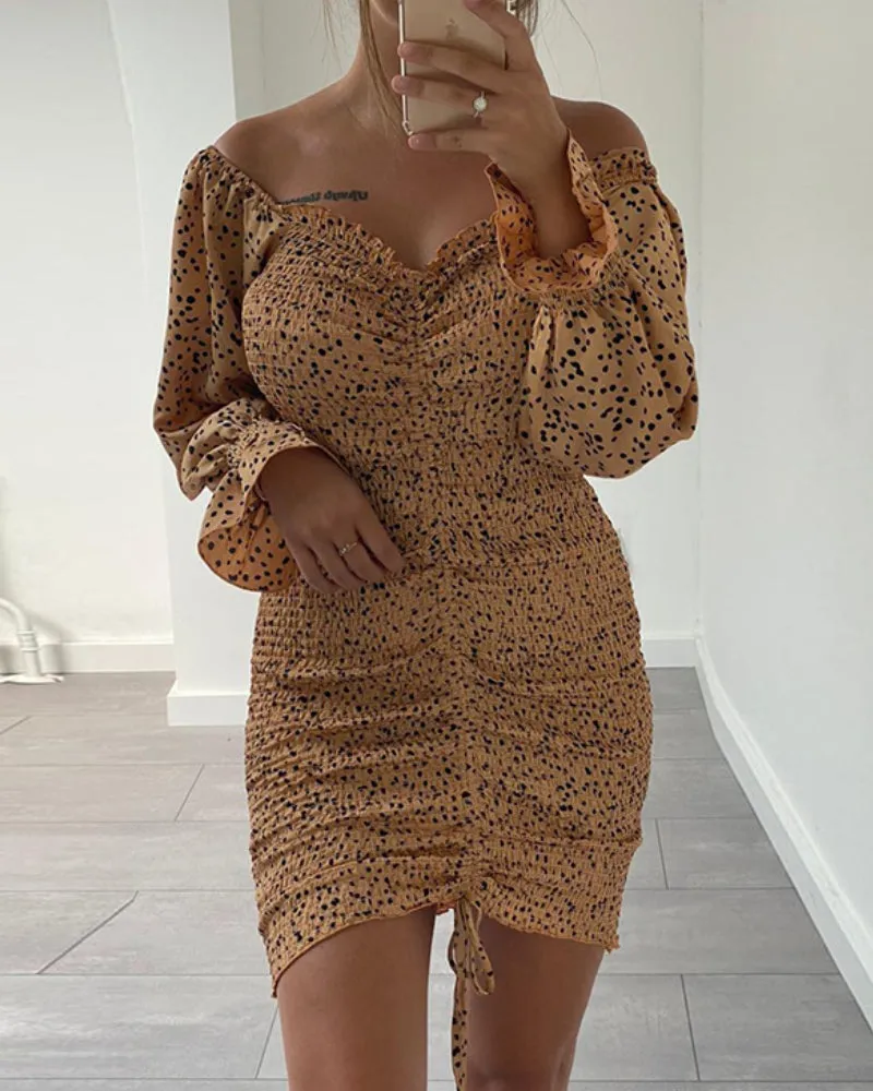 Puff Sleeve Ruffled Irregular Hem Drawstring Bodycon Mini Dresses