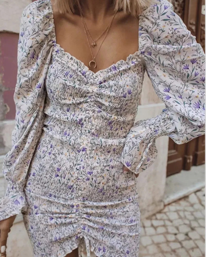 Puff Sleeve Ruffled Irregular Hem Drawstring Bodycon Mini Dresses