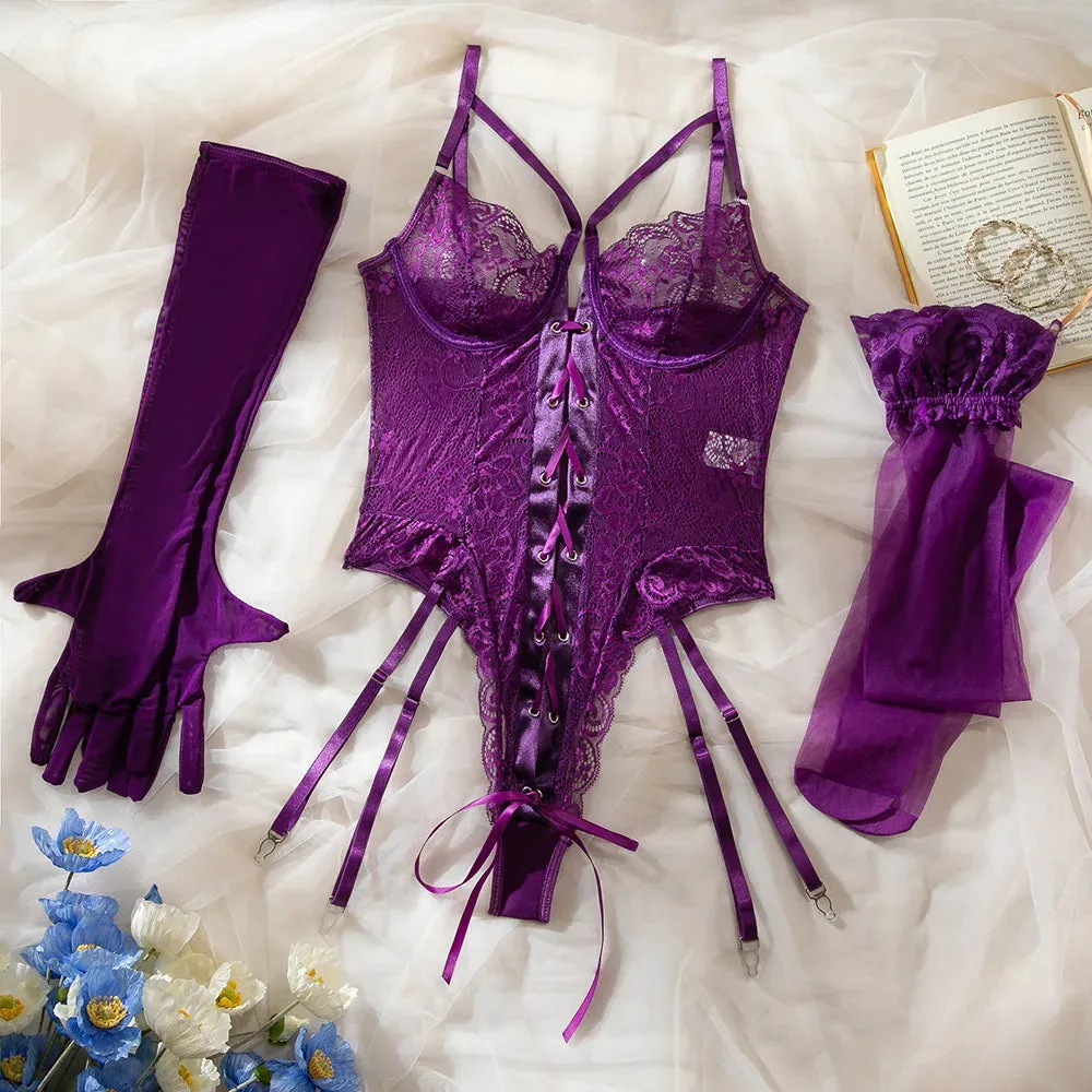 Purple Sexy Jumpsuit, Lace Transparent Pajamas Gloves And Stockings Women Rompers Clothing Body Suits Sweet Korean Women ZK7N
