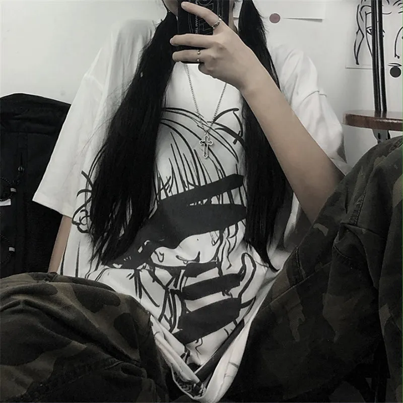 "WHITE/GREY HARAJUKU COMIC PRINT" T-SHIRT UB2457