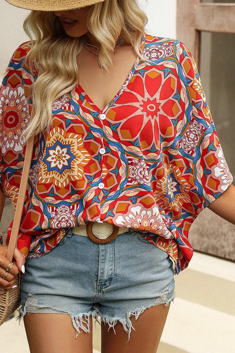 Red Floral Print Batwing Sleeve V Neck Blouse