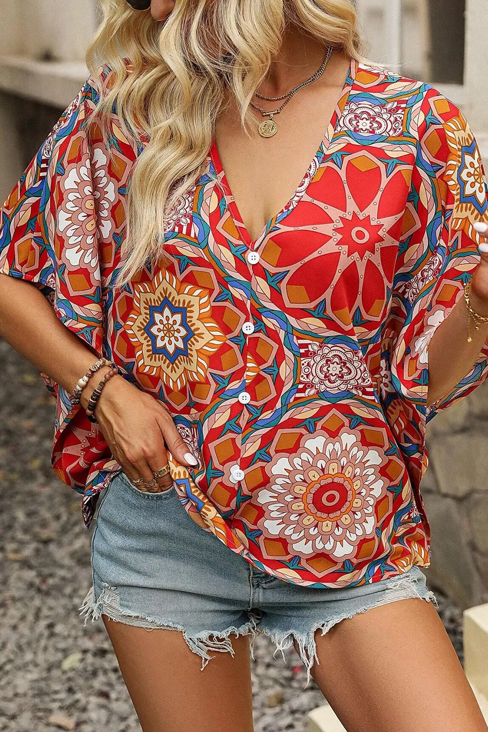 Red Floral Print Batwing Sleeve V Neck Blouse