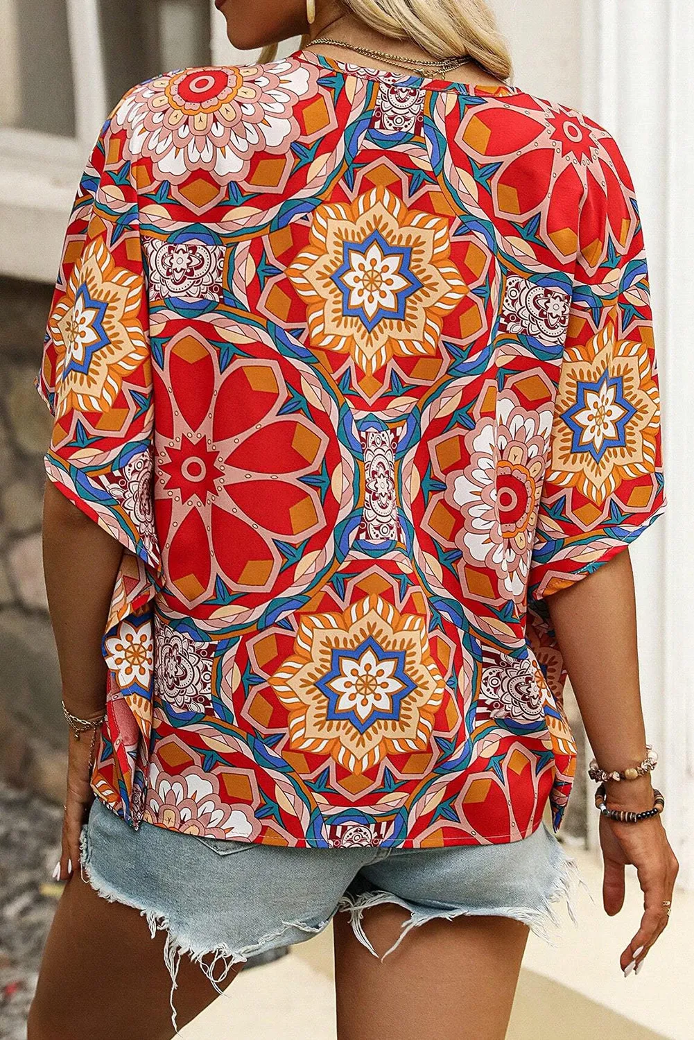 Red Floral Print Batwing Sleeve V Neck Blouse
