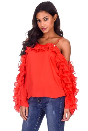 Red Frill Detail Off The Shoulder Top