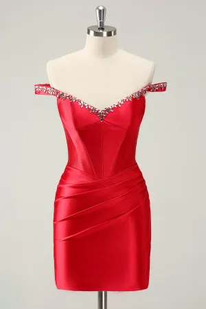 Red Sheath Off The Shoulder Pleated Corset Short Homecoming Dress with Rhinestones