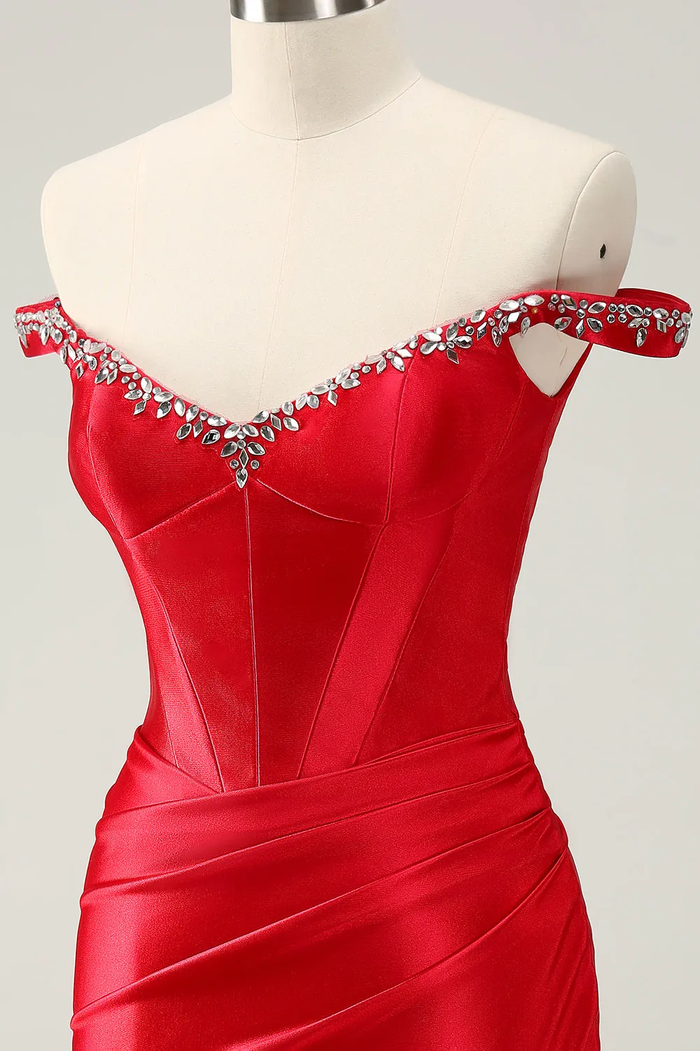 Red Sheath Off The Shoulder Pleated Corset Short Homecoming Dress with Rhinestones