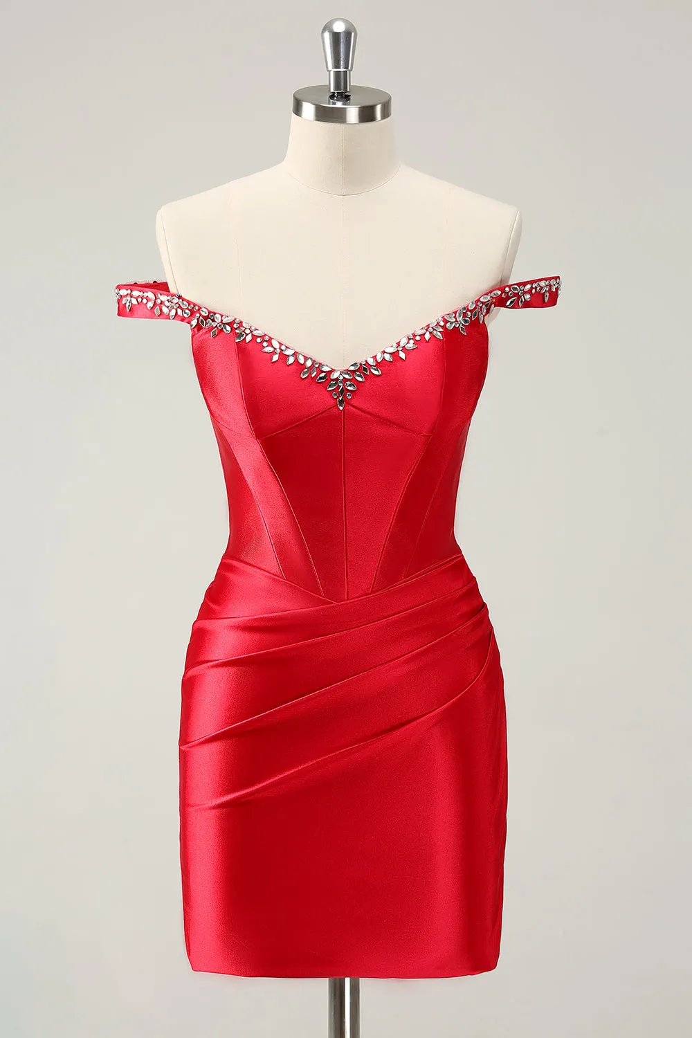 Red Sheath Off The Shoulder Pleated Corset Short Homecoming Dress with Rhinestones