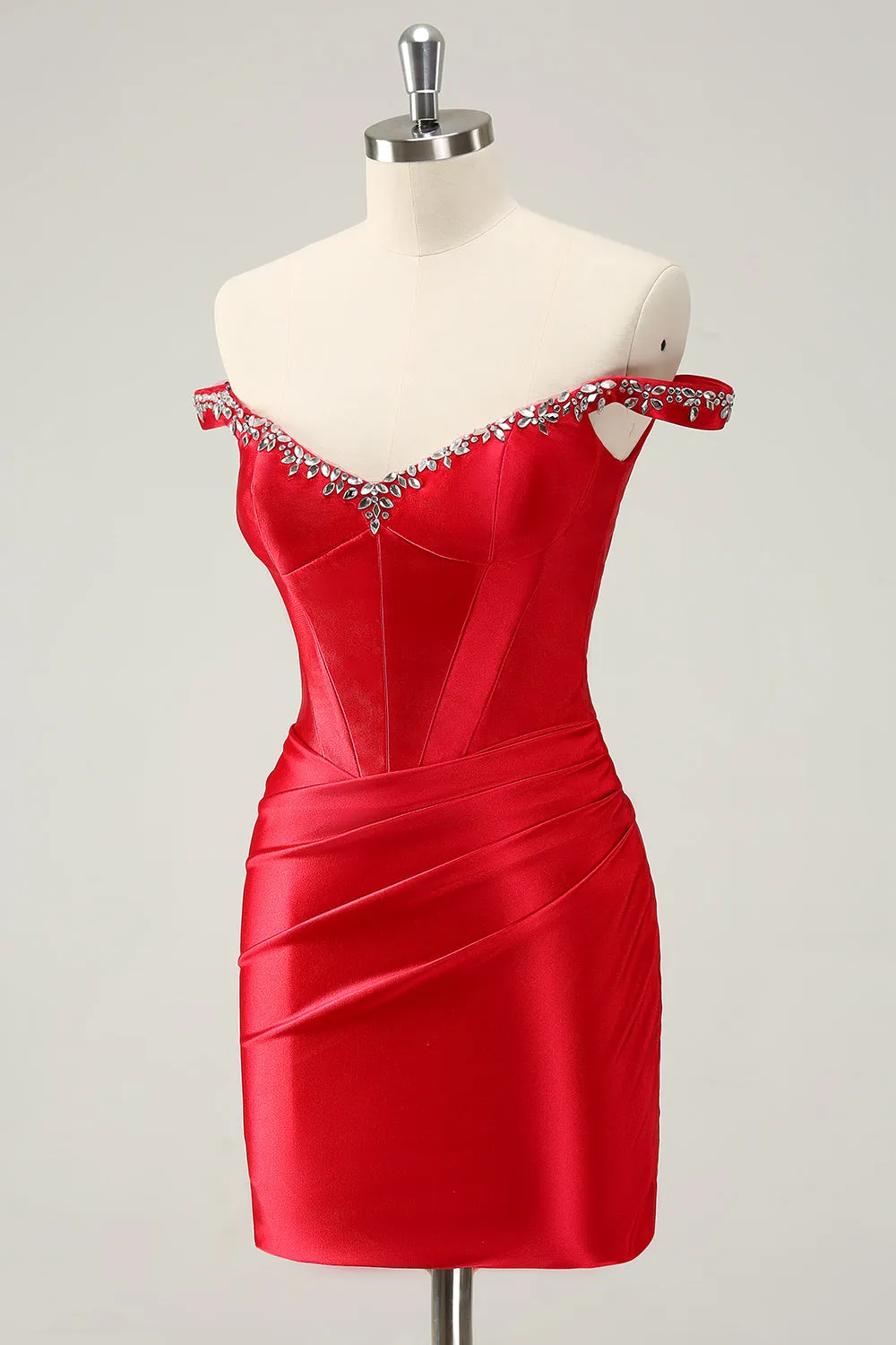 Red Sheath Off The Shoulder Pleated Corset Short Homecoming Dress with Rhinestones
