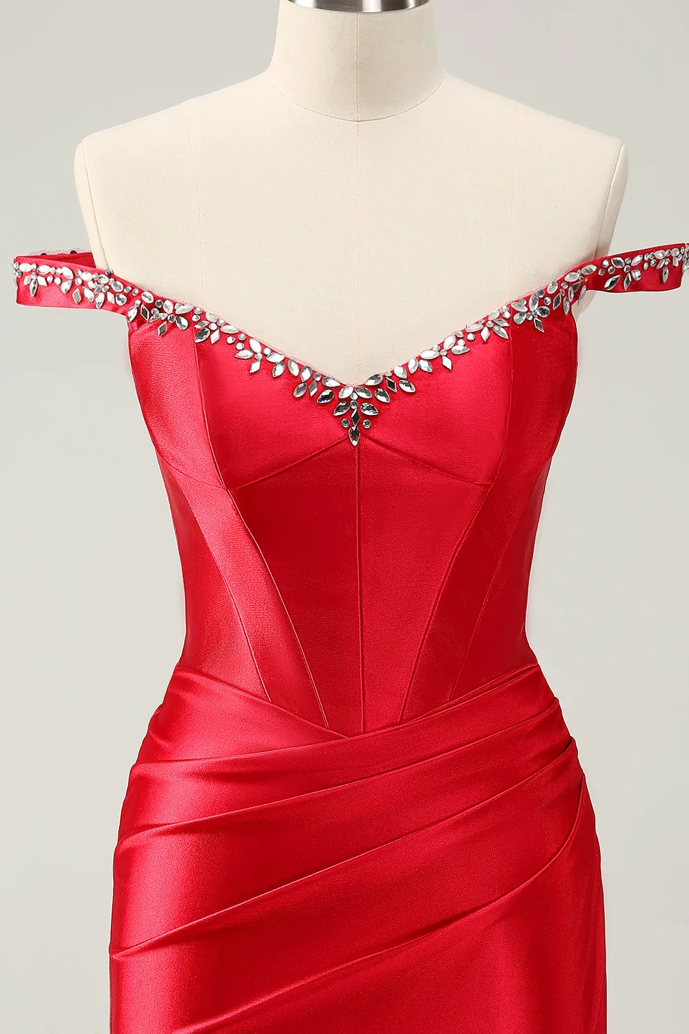Red Sheath Off The Shoulder Pleated Corset Short Homecoming Dress with Rhinestones