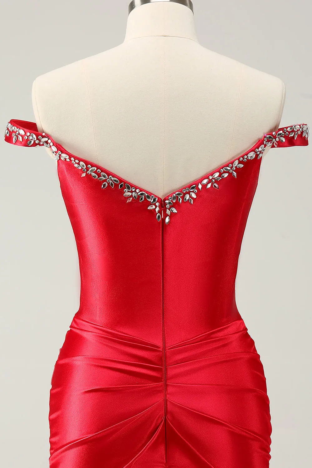 Red Sheath Off The Shoulder Pleated Corset Short Homecoming Dress with Rhinestones
