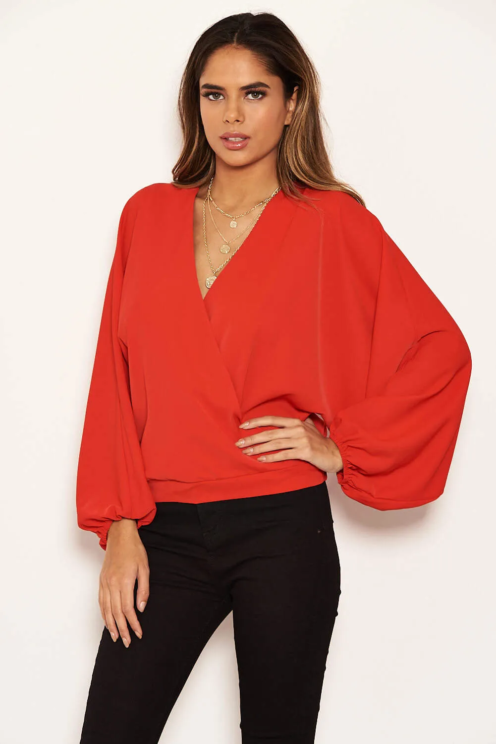 Red Wrap Batwing Sleeve Top