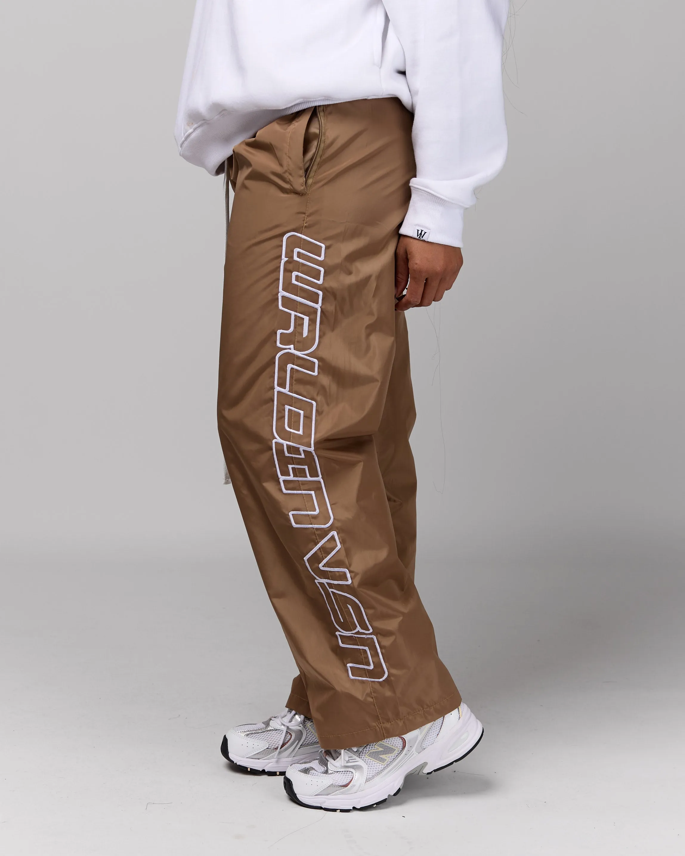 Retro Relaxed-Fit Nylon Pants (Latte/White Stitching)