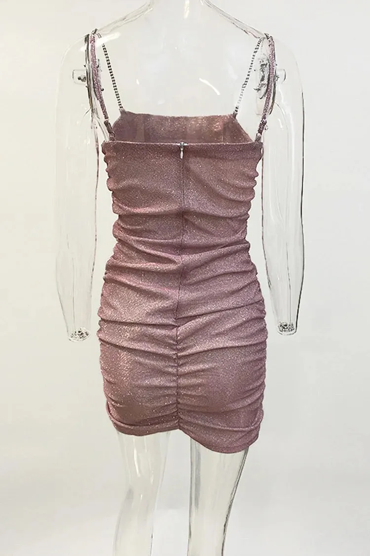 Rhinestone Cami Boat Neck Ruched Sequin Birthday Party Bodycon Mini Dresses