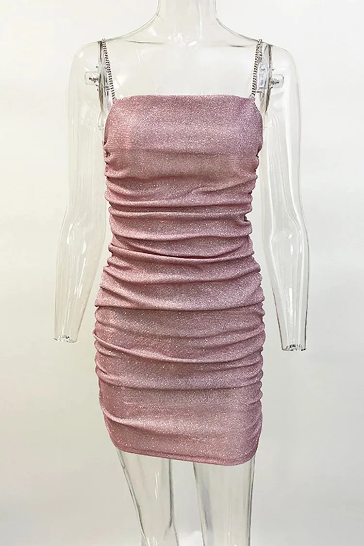 Rhinestone Cami Boat Neck Ruched Sequin Birthday Party Bodycon Mini Dresses