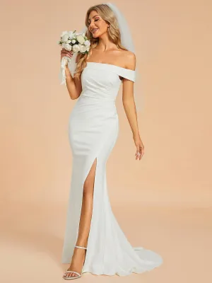 Robe de mariée sirène plissée à épaules dénudées et fente haute
