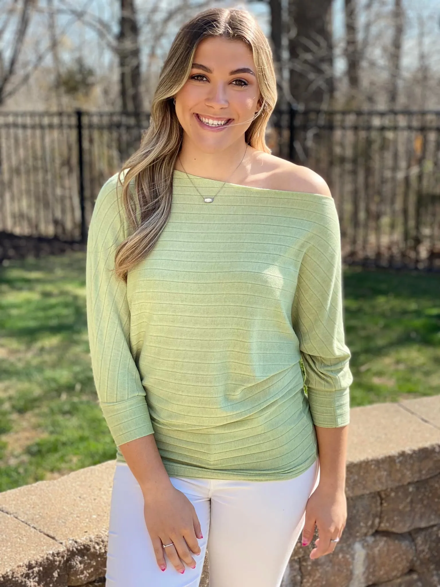 Sage Off the Shoulder 3/4 Sleeve Top