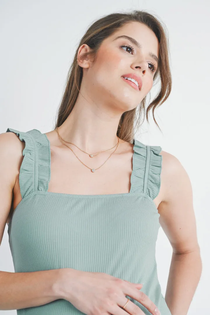 Sage Ruffle Strap Ribbed Tank Top