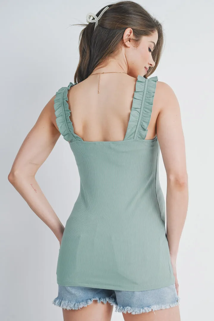 Sage Ruffle Strap Ribbed Tank Top