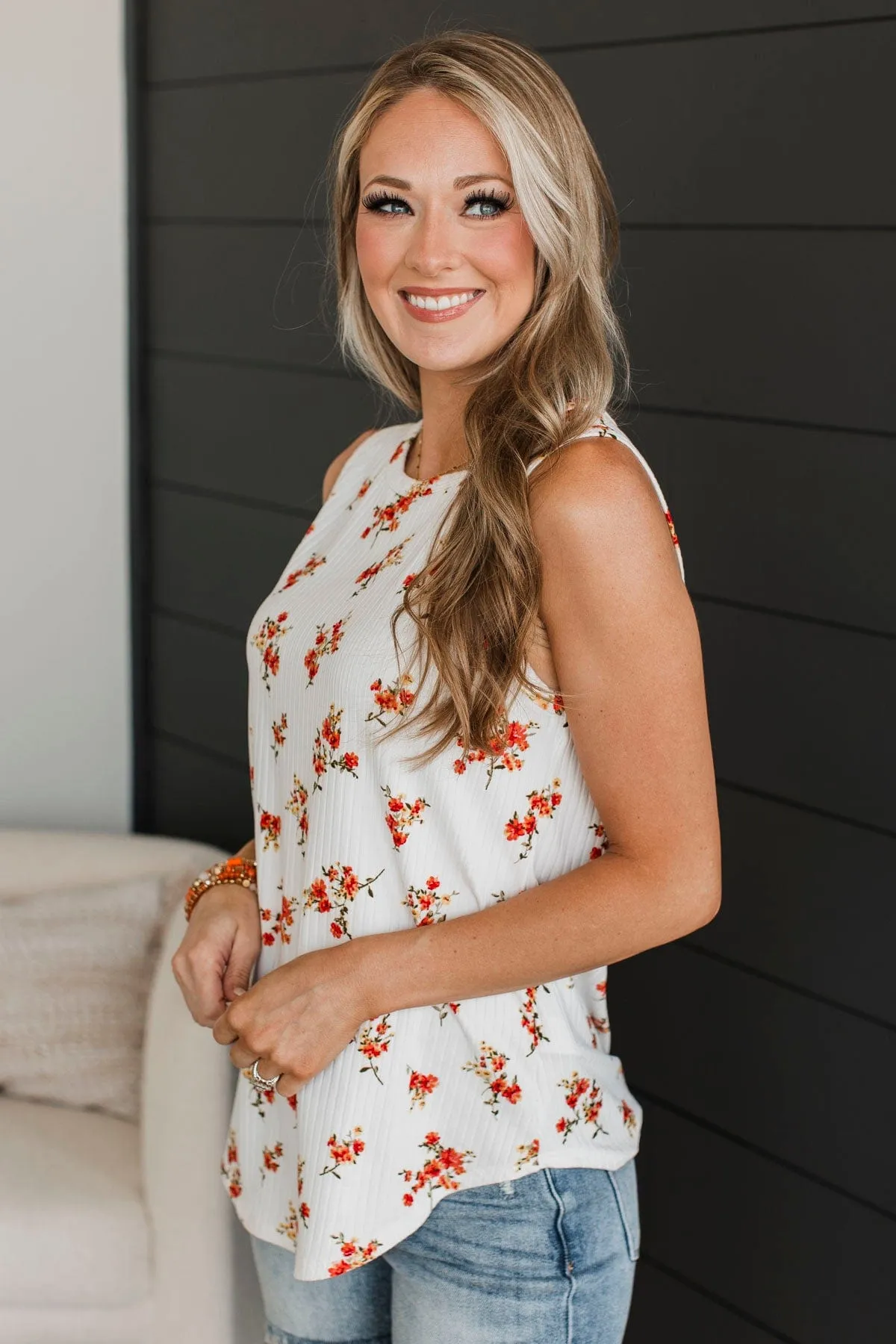 Seal Our Fate Floral Tank Top- Ivory & Coral