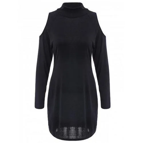 Sexy Turtleneck Long Sleeve Black Hollow Out Women's Bodycon Dress - Black M