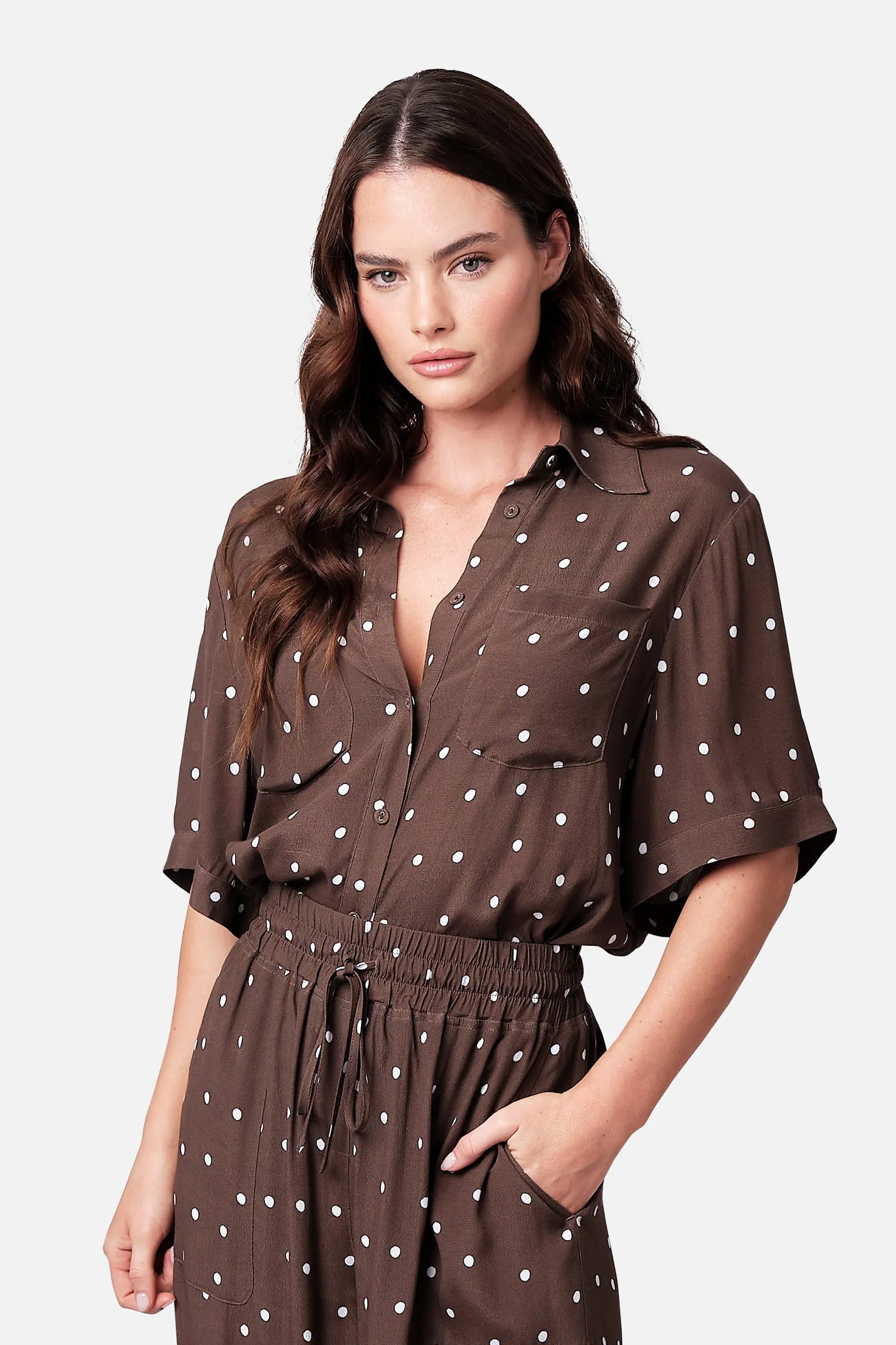 Short Sleeve Button-Up Shirt CHOCOLATE POLKA