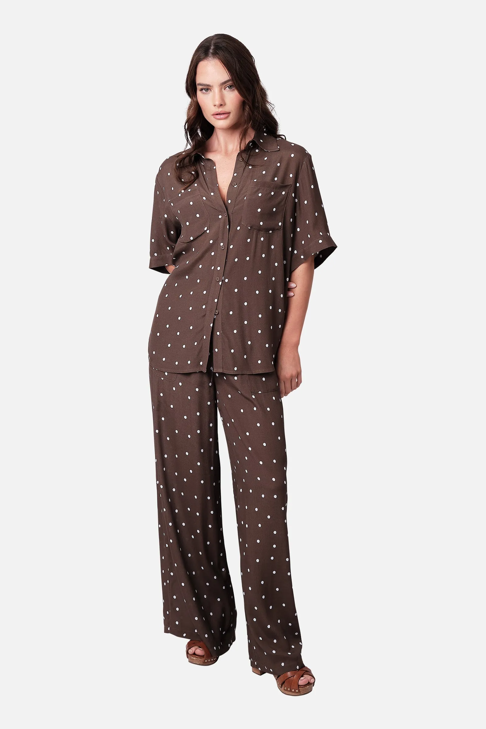 Short Sleeve Button-Up Shirt CHOCOLATE POLKA
